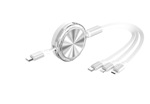 White 3-in-1 charging cable with round head.