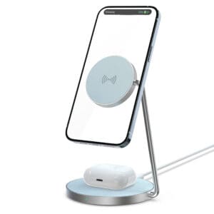 Wireless charger with phone and earbuds.