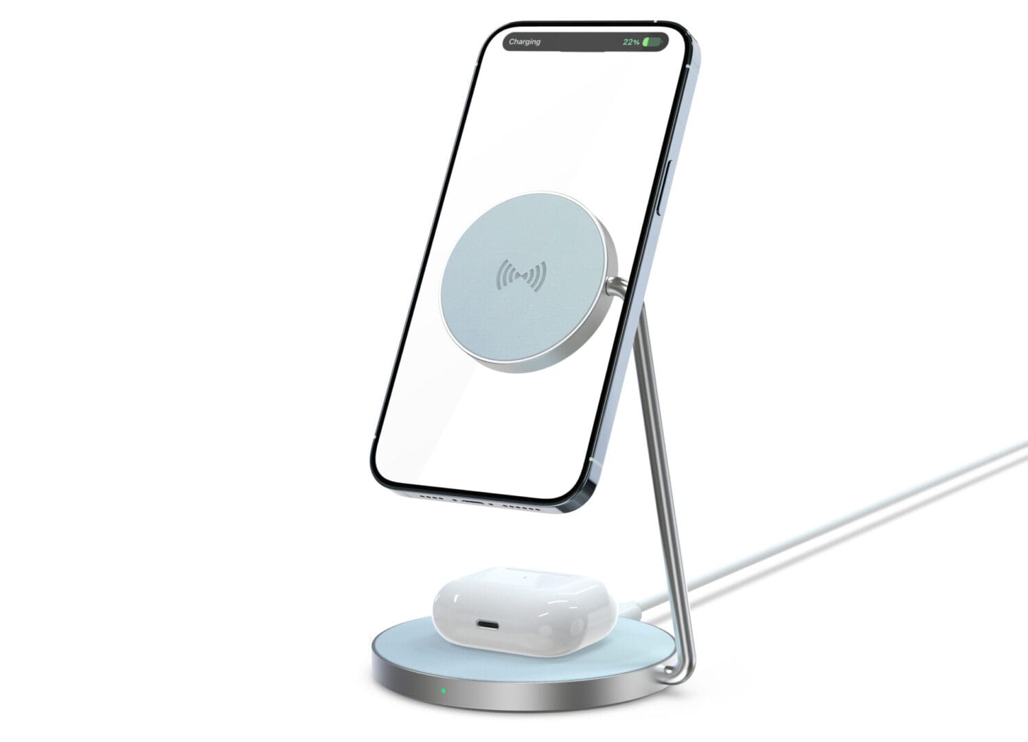 Wireless charger with phone and earbuds.