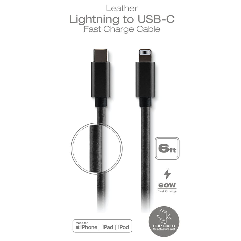 Black leather lightning to USB-C cable.