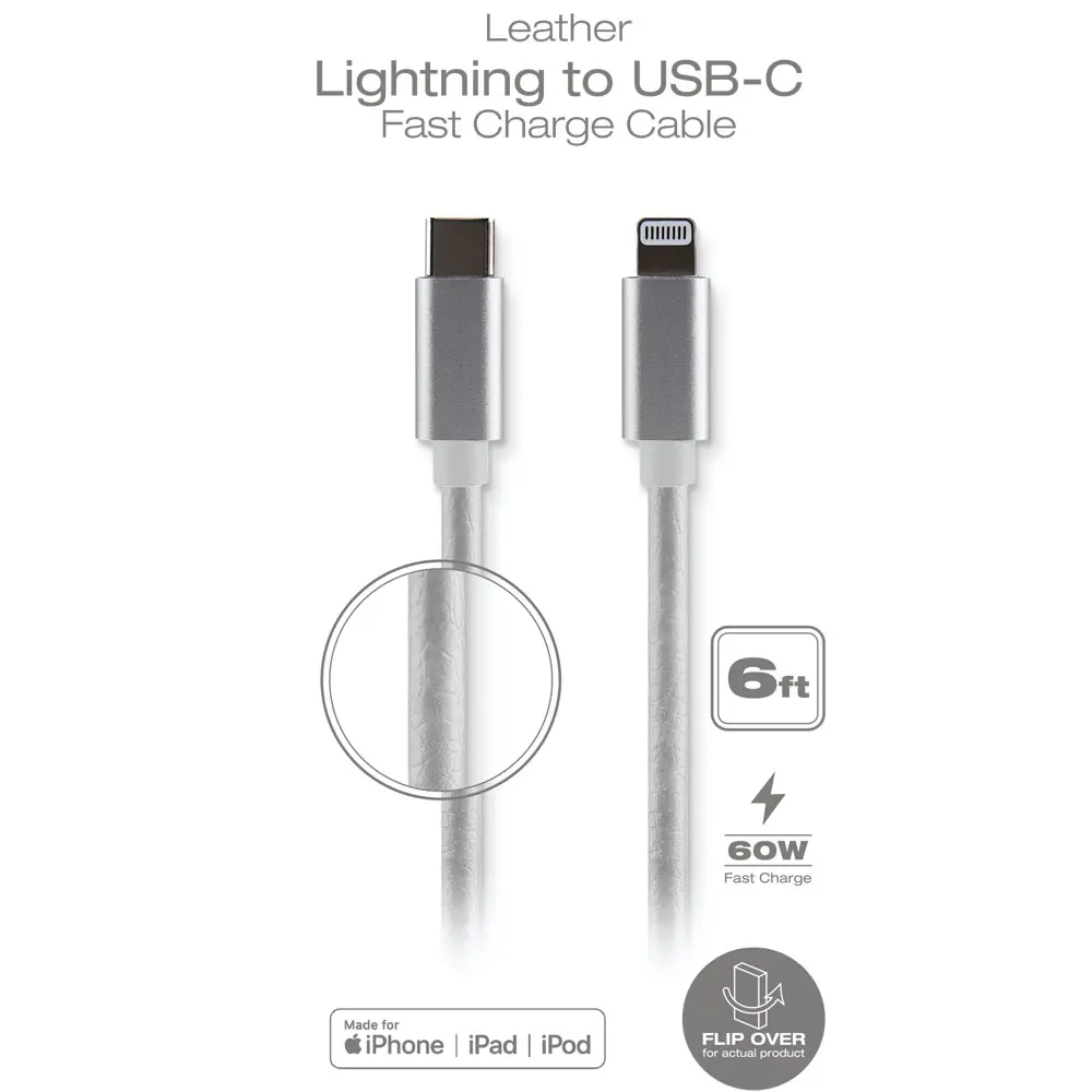 Silver leather USB-C to Lightning cable.