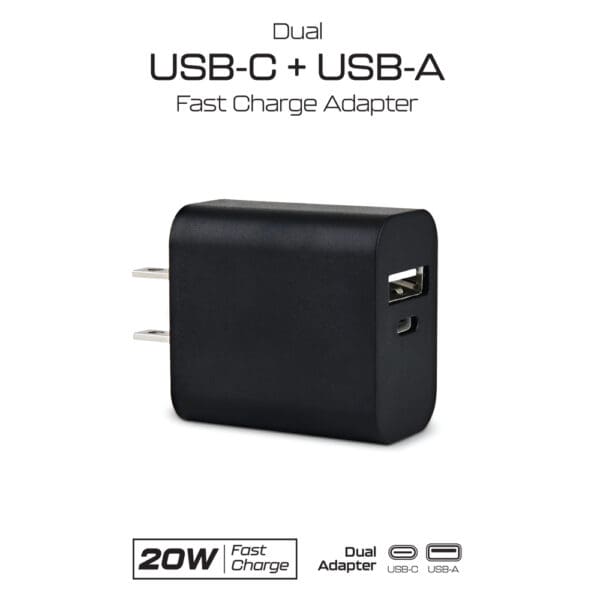 Black USB-C & USB-A fast charging adapter.