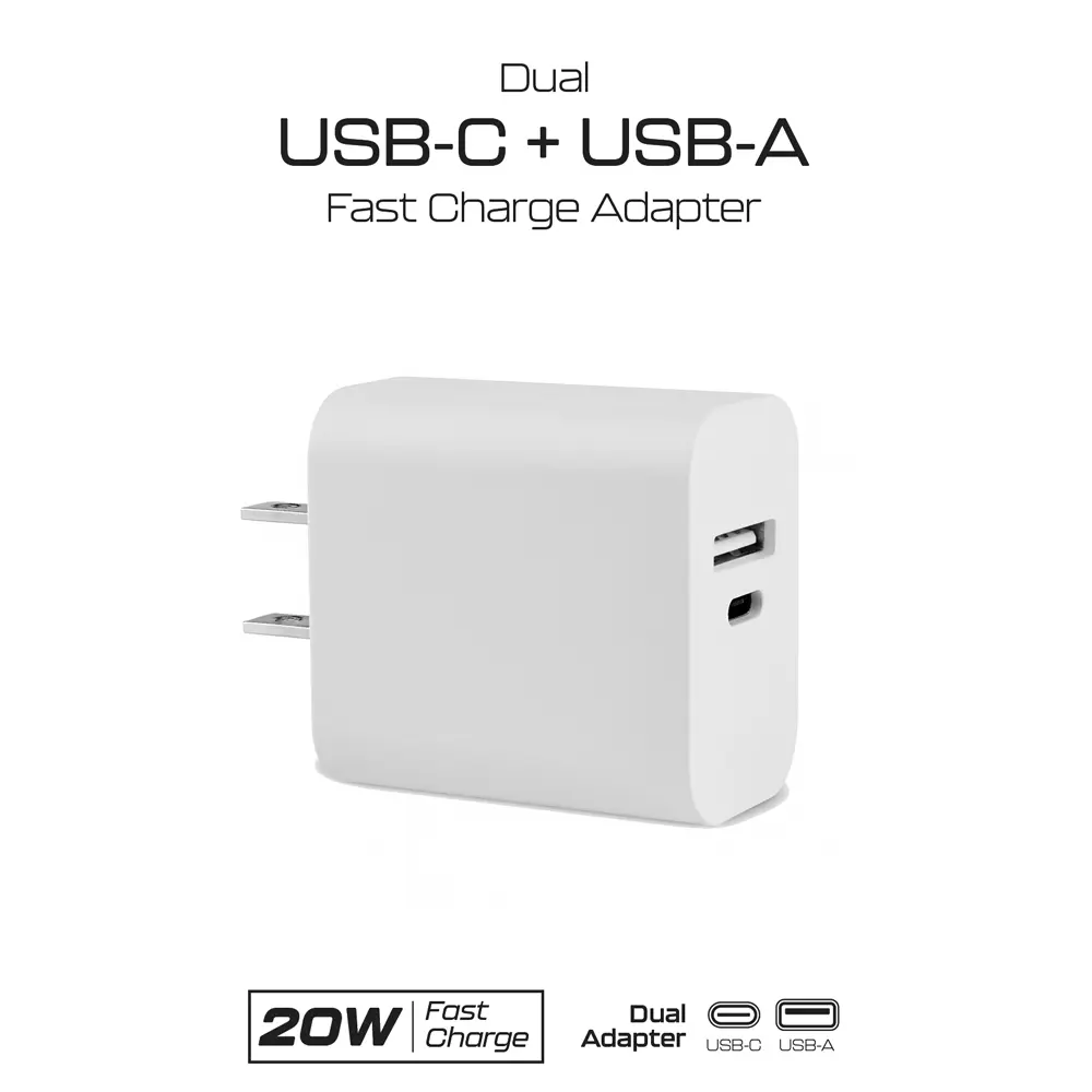 White 20W dual USB-C & USB-A charger.